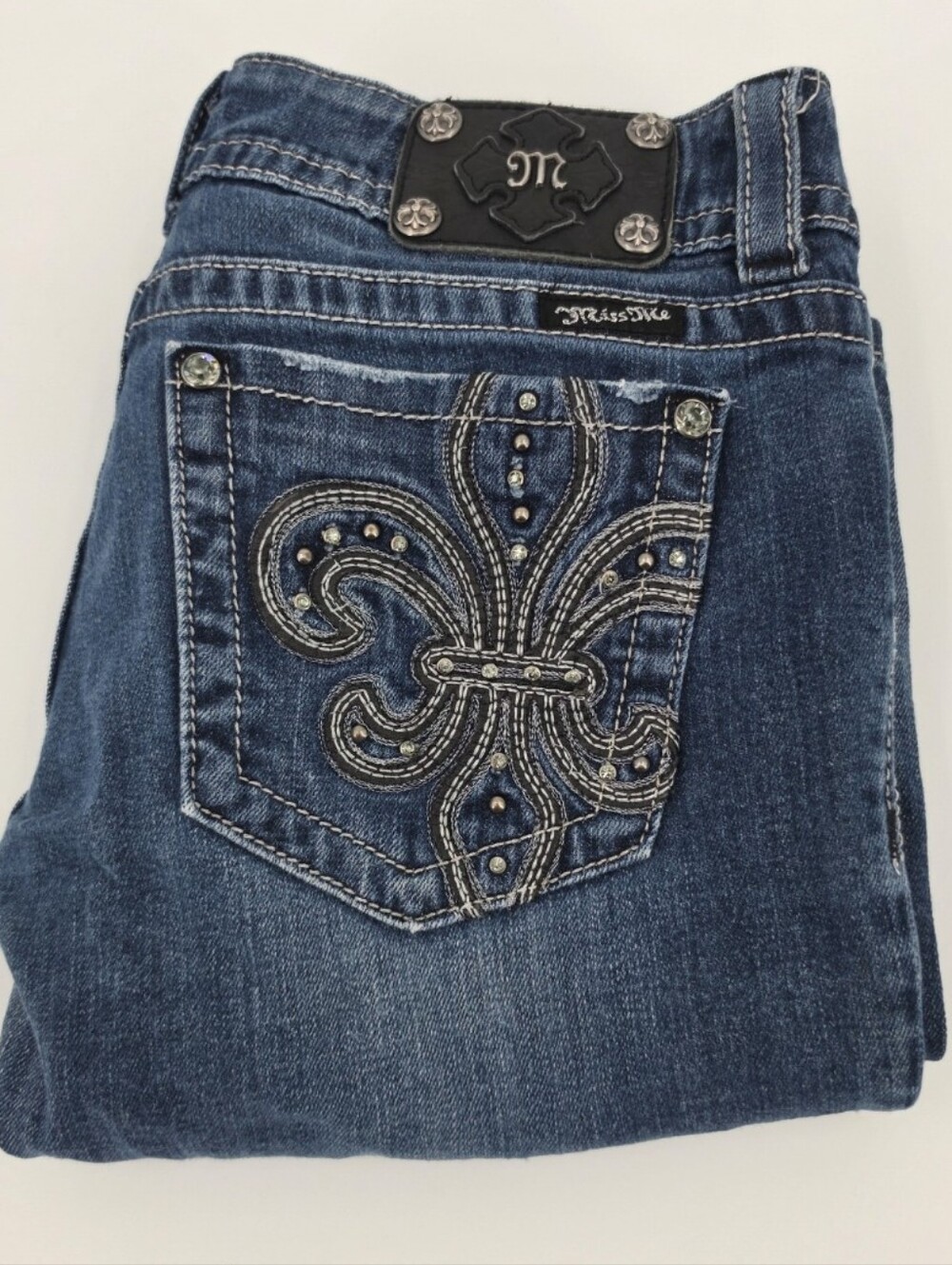 Miss Me Boot Jean 30 Dark Wash Denim Embellished Fleur De Lis Pockets Rhinestone